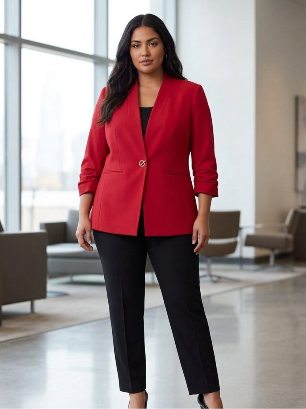 Torrid Red Blazer With Ruched Sleeves & Gold Clasp Closure Size 1X